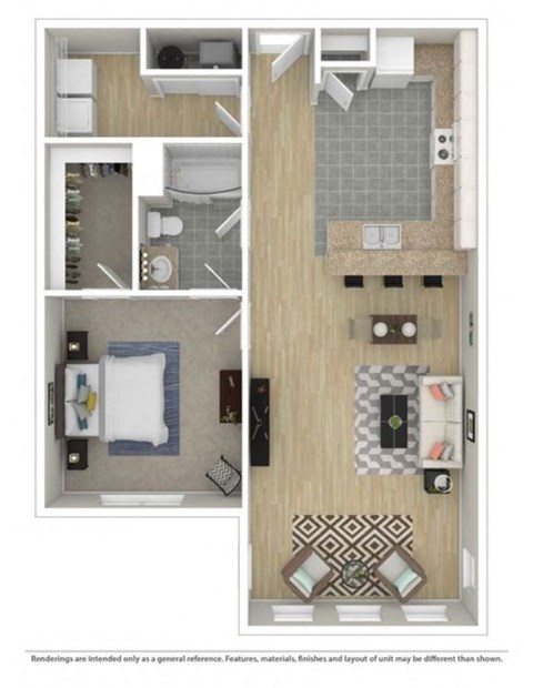 Floor plan for 1 bed, 1 bath, 886 sqft